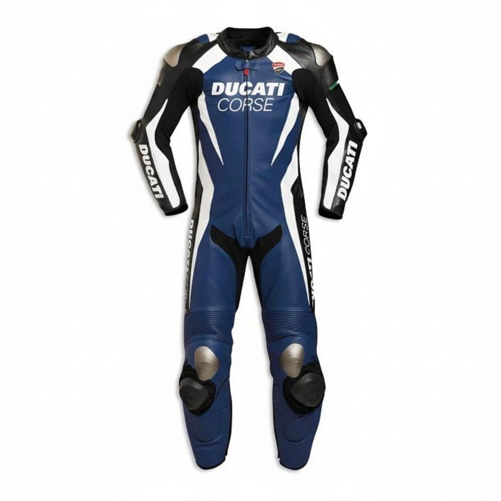 Ducati Corse blue, white, and black one-piece leather motorcycle racing suit with professional branding and integrated armor.