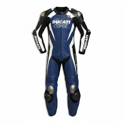 Ducati Corse blue, white, and black one-piece leather motorcycle racing suit with professional branding and integrated armor.