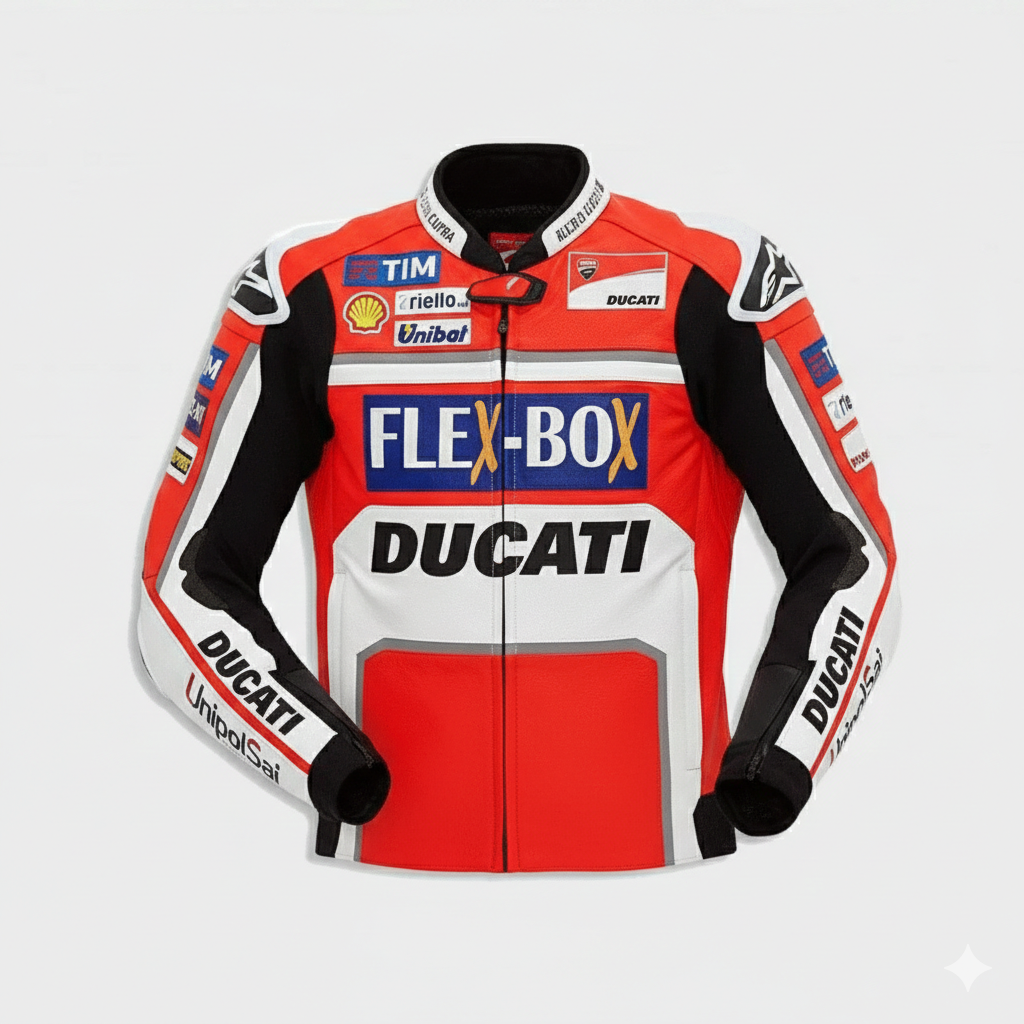 Ducati Corse red, black, and white leather motorcycle racing jacket.