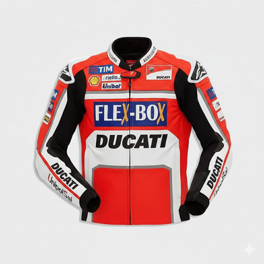 Ducati Corse red, black, and white leather motorcycle racing jacket.
