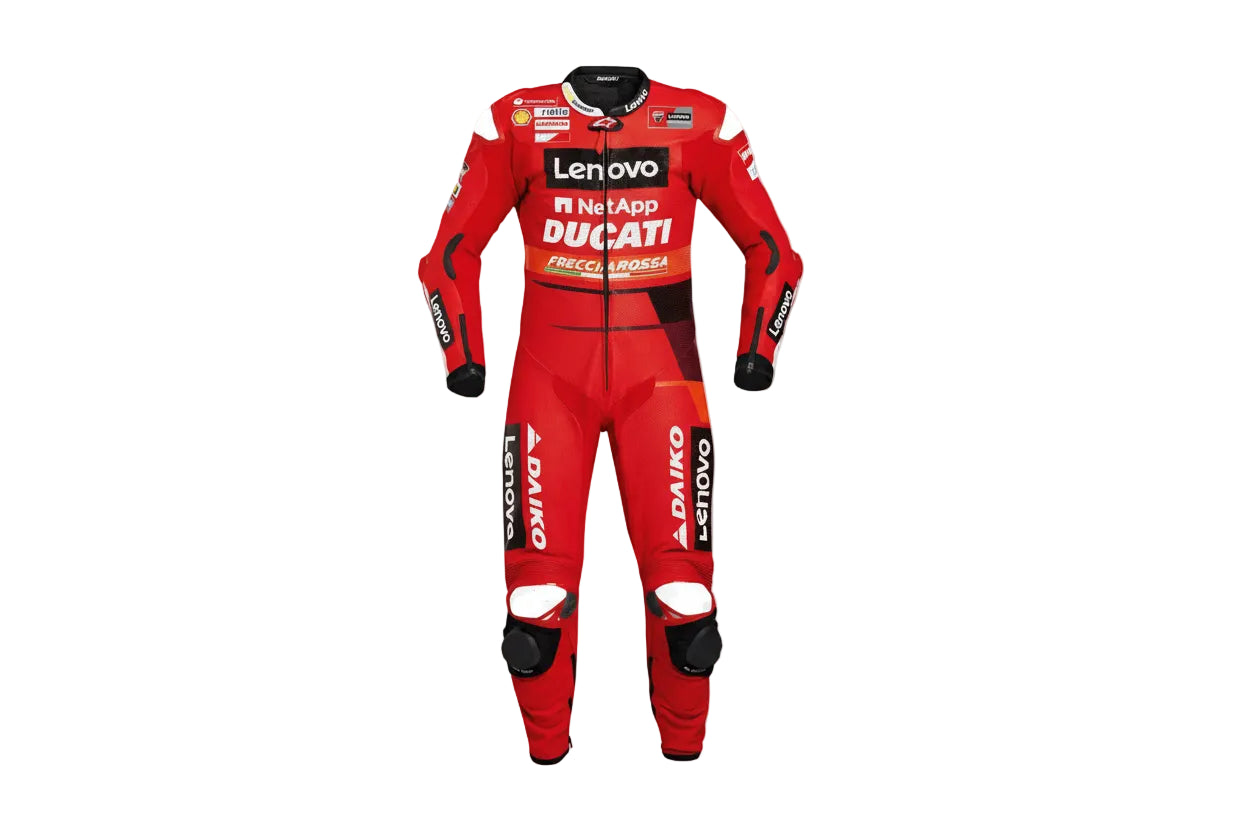 Ducati Lenovo Team red leather motorcycle racing suit with MotoGP sponsor logos and integrated armor."