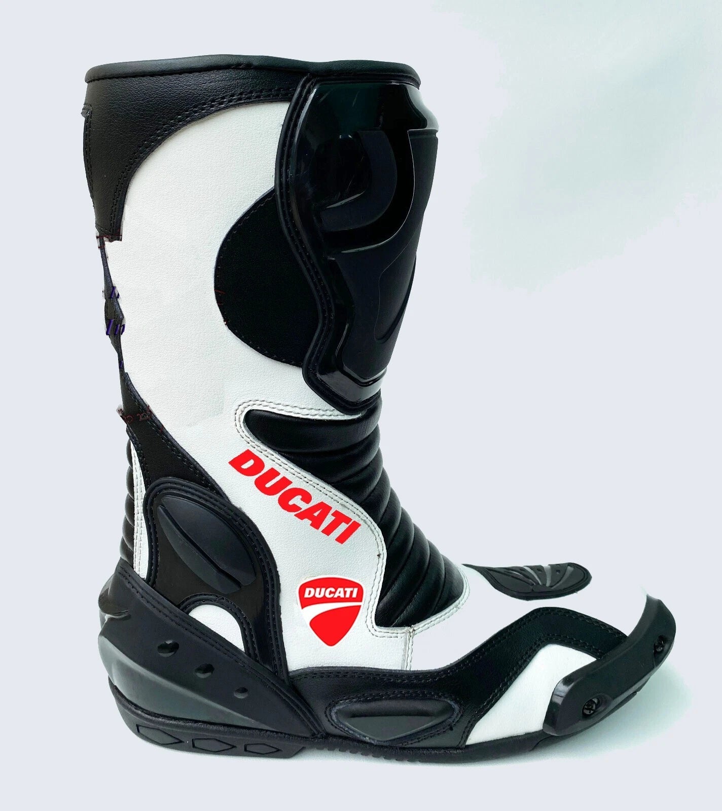 Ducati Corse white and black leather motorcycle racing boots.