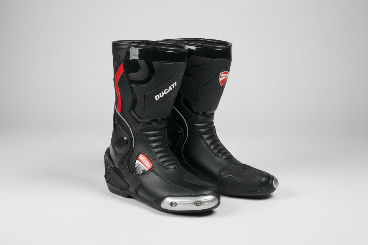 Ducati Corse black leather motorcycle racing boots with metallic toe sliders and red racing accents.
