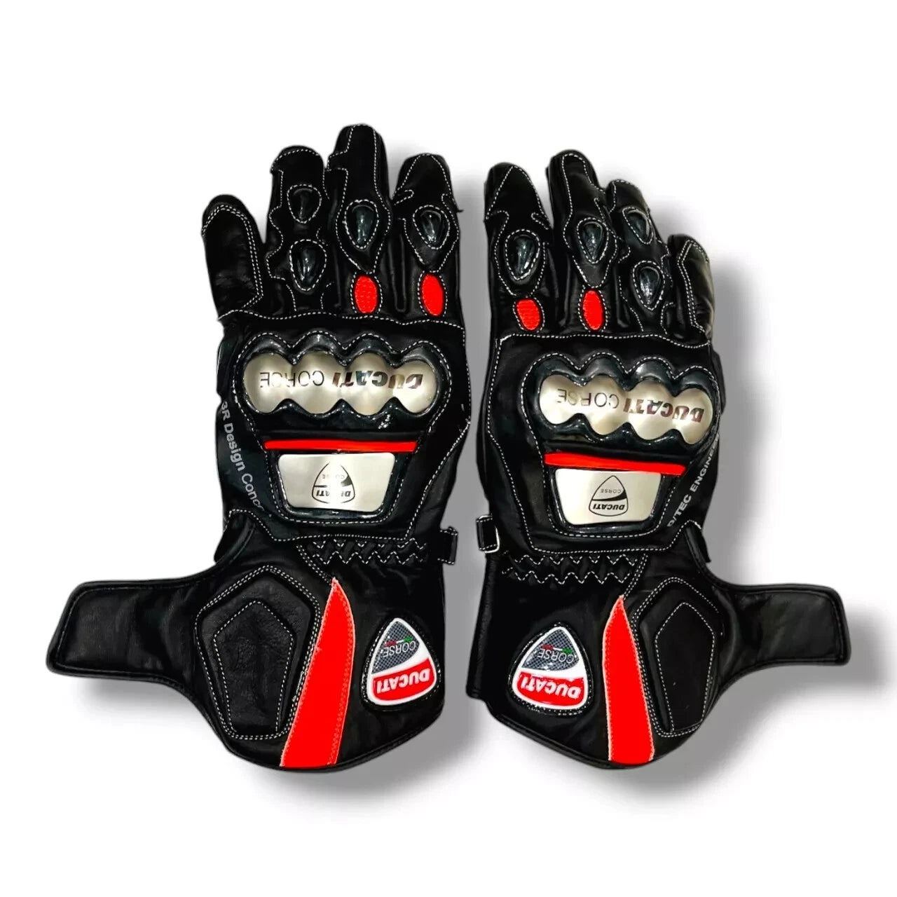 Ducati Corse leather motorcycle racing gloves in black and red with metallic knuckle armor.