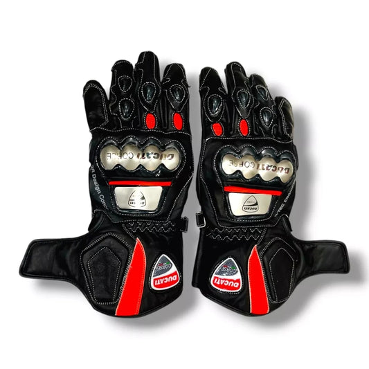 Ducati Corse leather motorcycle racing gloves in black and red with metallic knuckle armor.