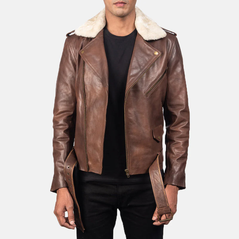 Men's Furton brown leather biker jacket with removable white fur collar. Double rider style with a waist belt and zippered pockets.