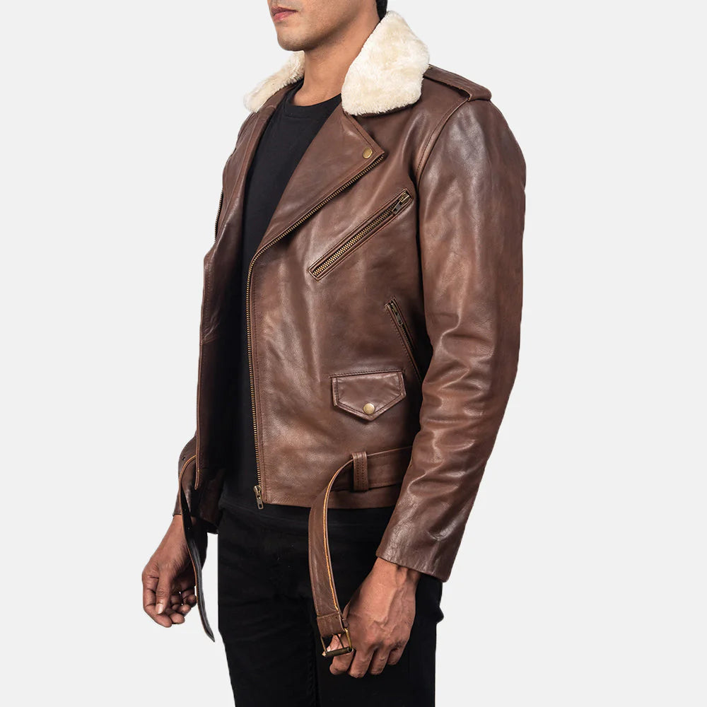 Brown leather double rider jacket. Cowhide, detachable fur collar, moto style, waist belt.
