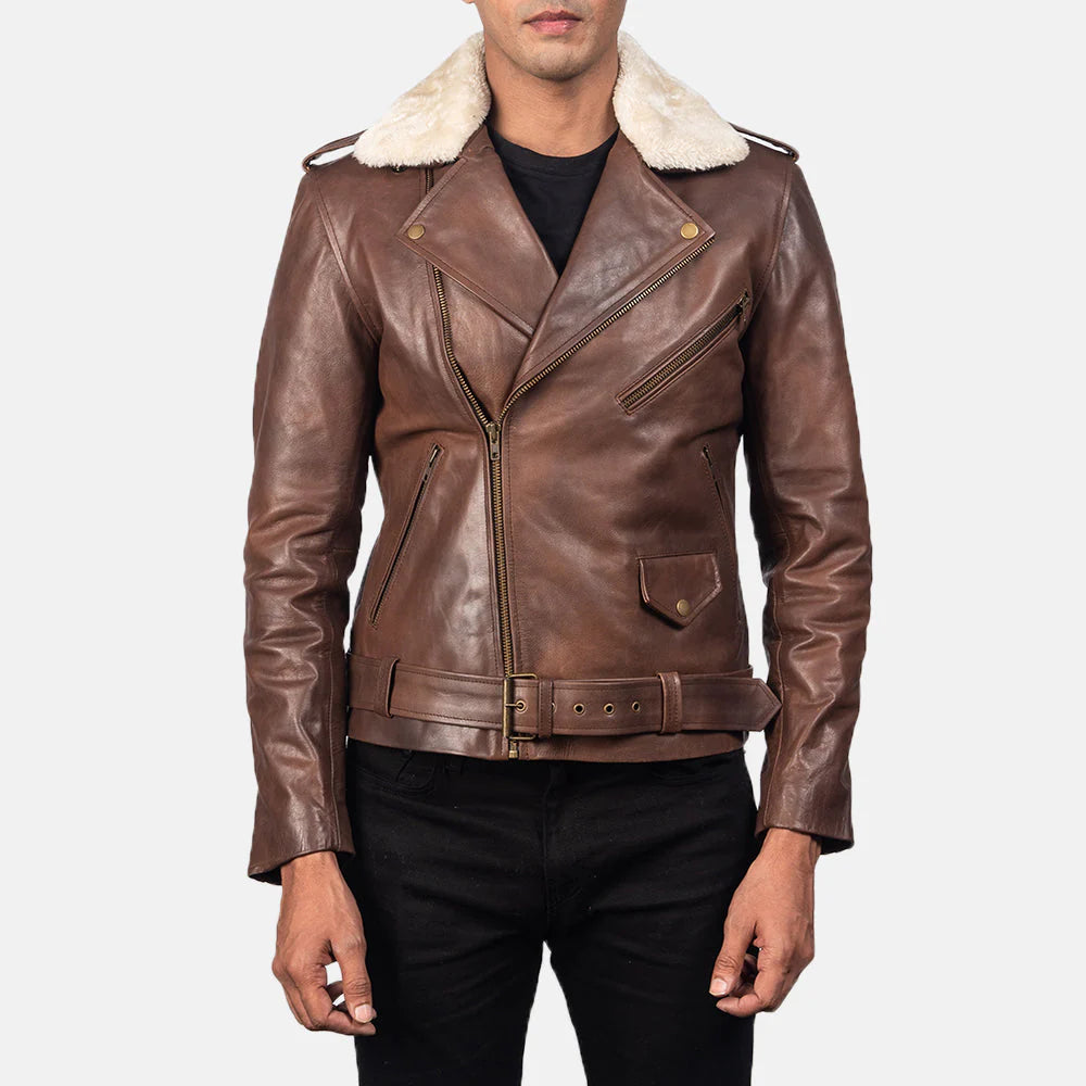 Warm and stylish brown leather biker jacket for men, featuring a detachable fur collar for versatile cold-weather wear.