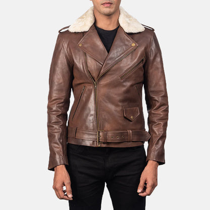 Warm and stylish brown leather biker jacket for men, featuring a detachable fur collar for versatile cold-weather wear.