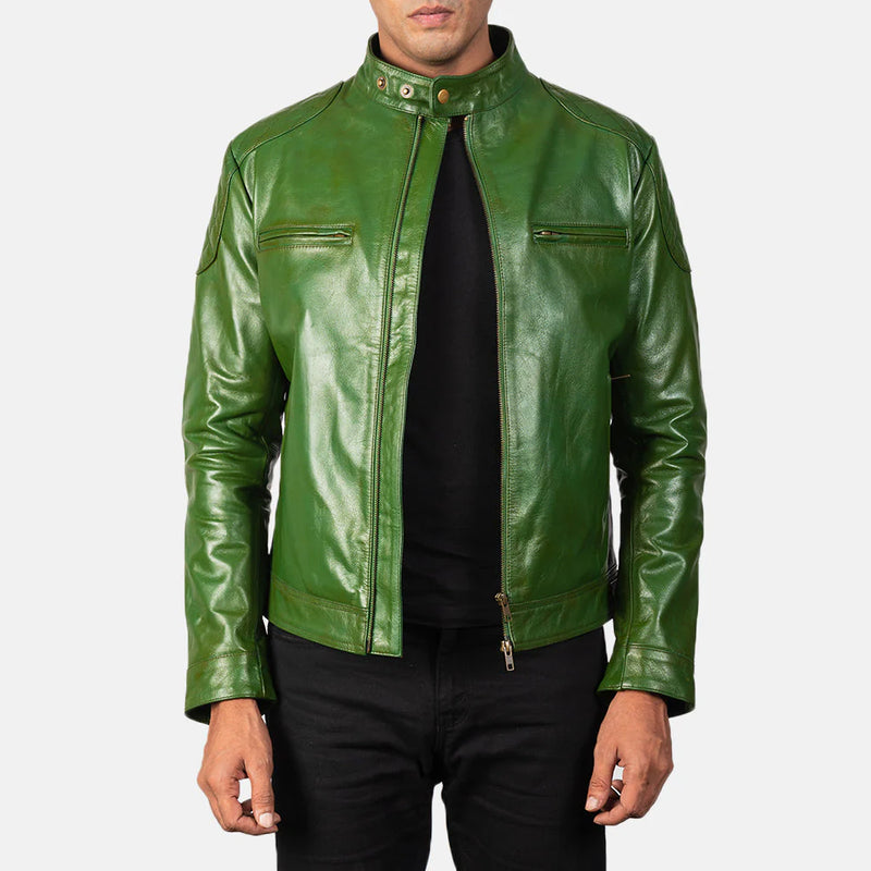 Men's Gatsby green leather biker jacket. Real sheepskin jacket with a shiny burnished finish and stand collar."
