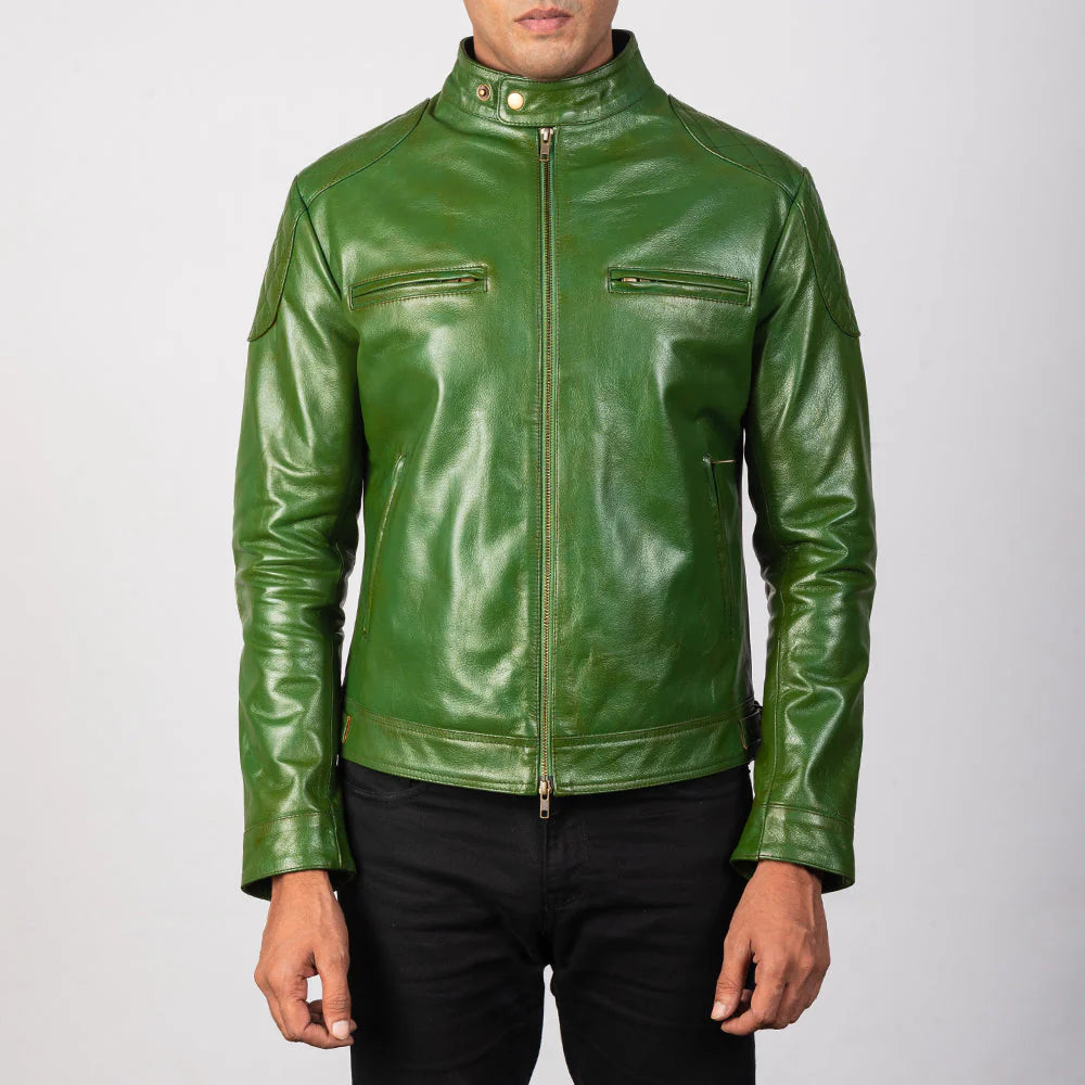 Front view of a man modeling an open bright green leather jacket, showing the zippered chest pockets and the glossy, unique color treatment