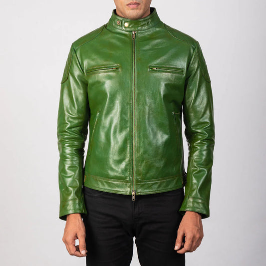 Front view of a man modeling an open bright green leather jacket, showing the zippered chest pockets and the glossy, unique color treatment