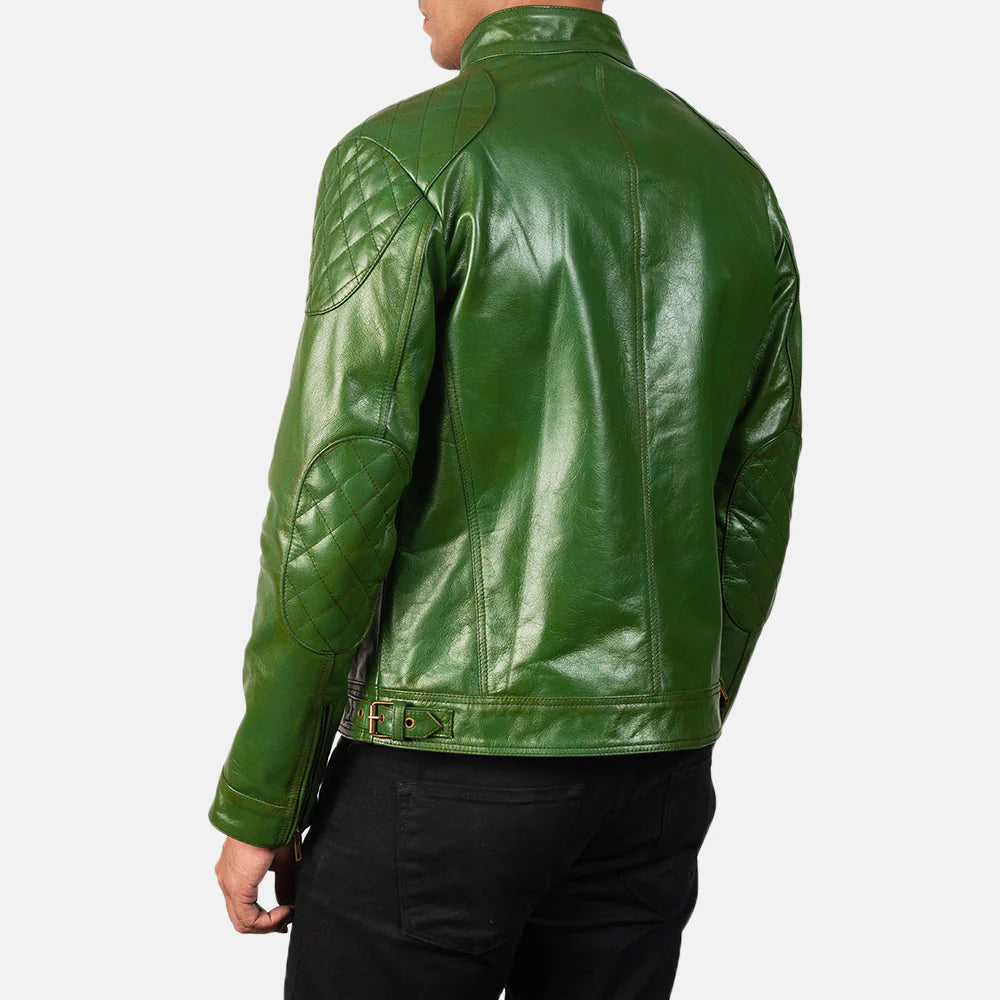 Green leather cafe racer jacket for men. Sheepskin, burnished, full zip, stand collar.