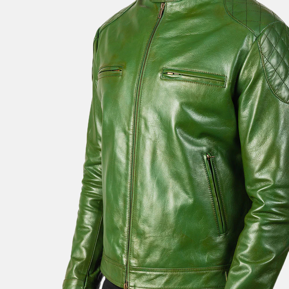 Bold and stylish green sheepskin leather jacket for men, with a burnished finish that creates a unique, statement-making look.