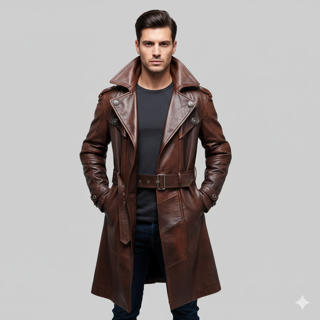 Men's rugged mahogany brown leather trench coat with a belted waist and oversized lapels.