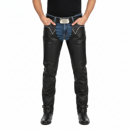 Men's onyx black leather modern western chaps with silver hip piping and adjustable ankle straps.