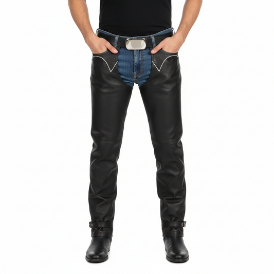Men's onyx black leather modern western chaps with silver hip piping and adjustable ankle straps.