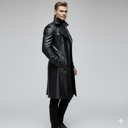 Tailored mid-length black leather utility jacket for men featuring sharp notch lapels and a smooth finish.