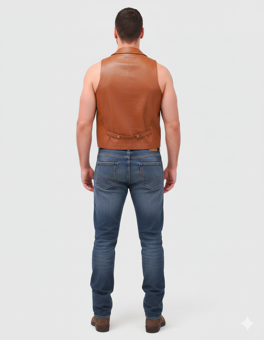 Men's tan brown leather Western vest with a distinctive braided collar trim and antique brass snap button closure.