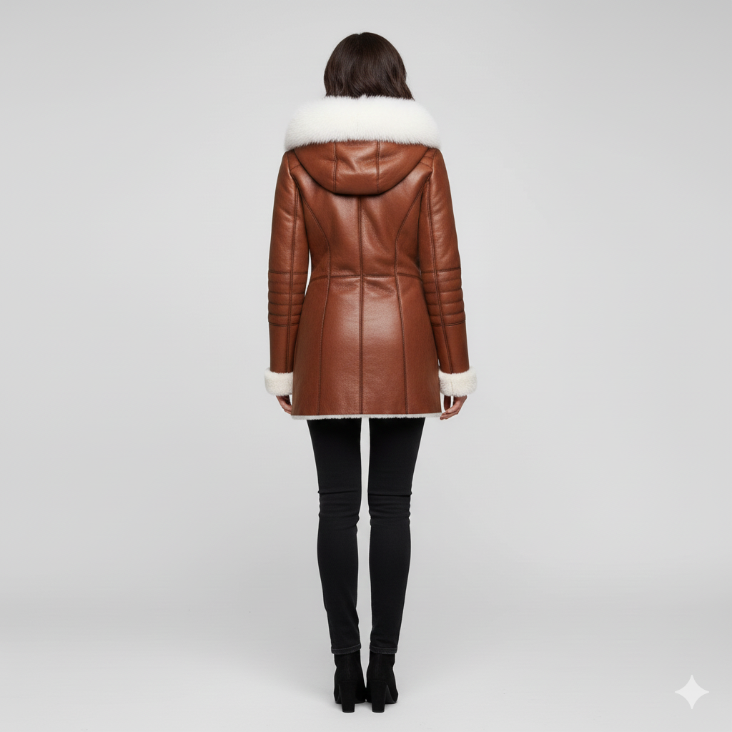 Close-up of the smooth cognac exterior and contrasting white fur collar on a luxury women's hooded coat.