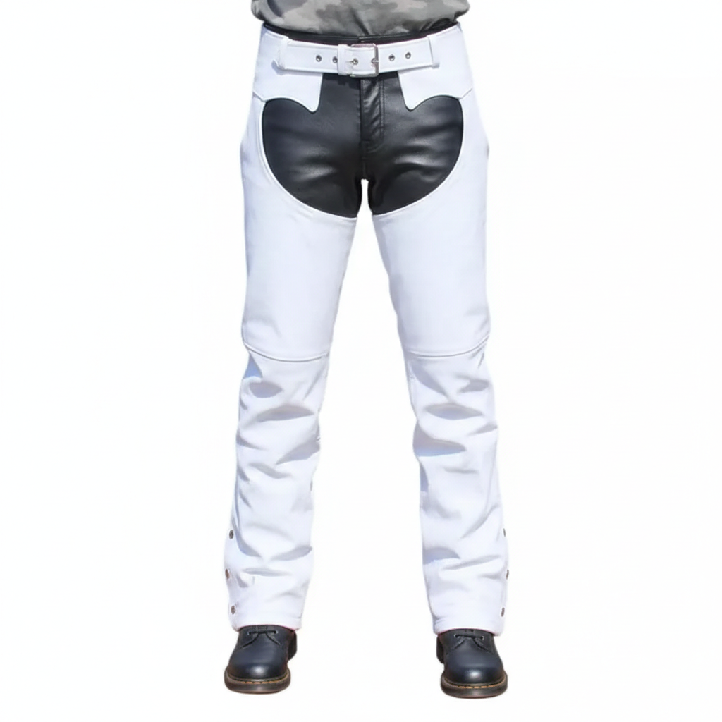 Men's alabaster white and onyx black dual-tone leather performance chaps with adjustable buckled waist.