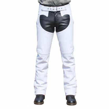 Men's alabaster white and onyx black dual-tone leather performance chaps with adjustable buckled waist.