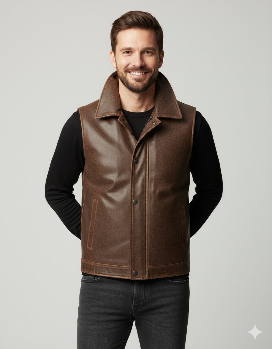 Full-length photo of a man wearing a smooth dark brown leather vest with thick tan shearling trim over a black sweater.