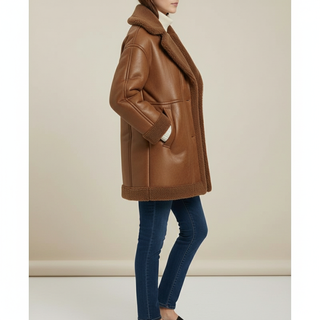 Aviator-style winter jacket in caramel brown featuring two front buttons and plush shearling lining details.