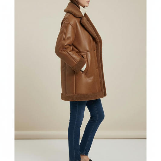 Aviator-style winter jacket in caramel brown featuring two front buttons and plush shearling lining details.