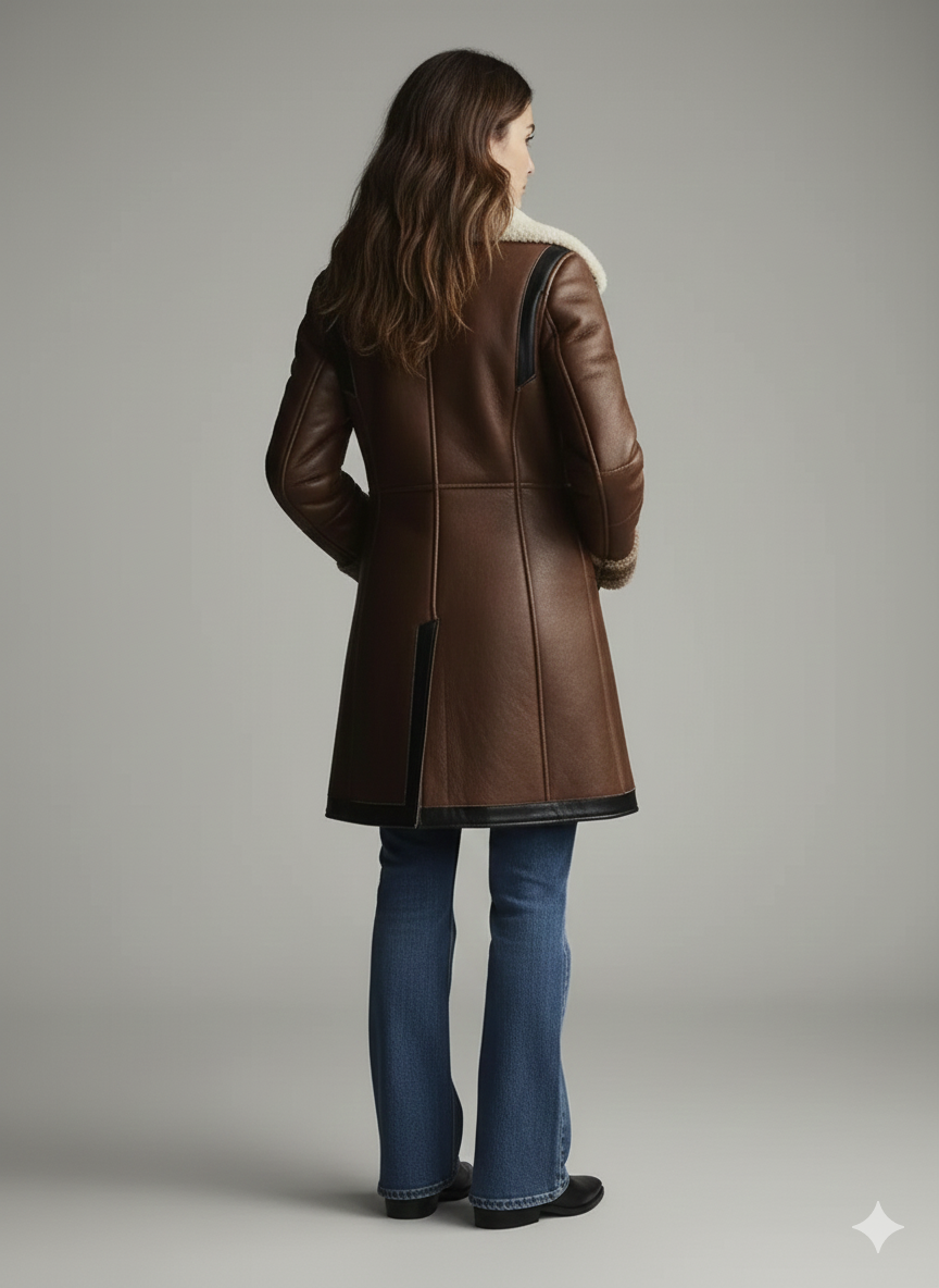 Close-up of the textured cream shearling lining and premium grained brown leather on a women's winter jacket.