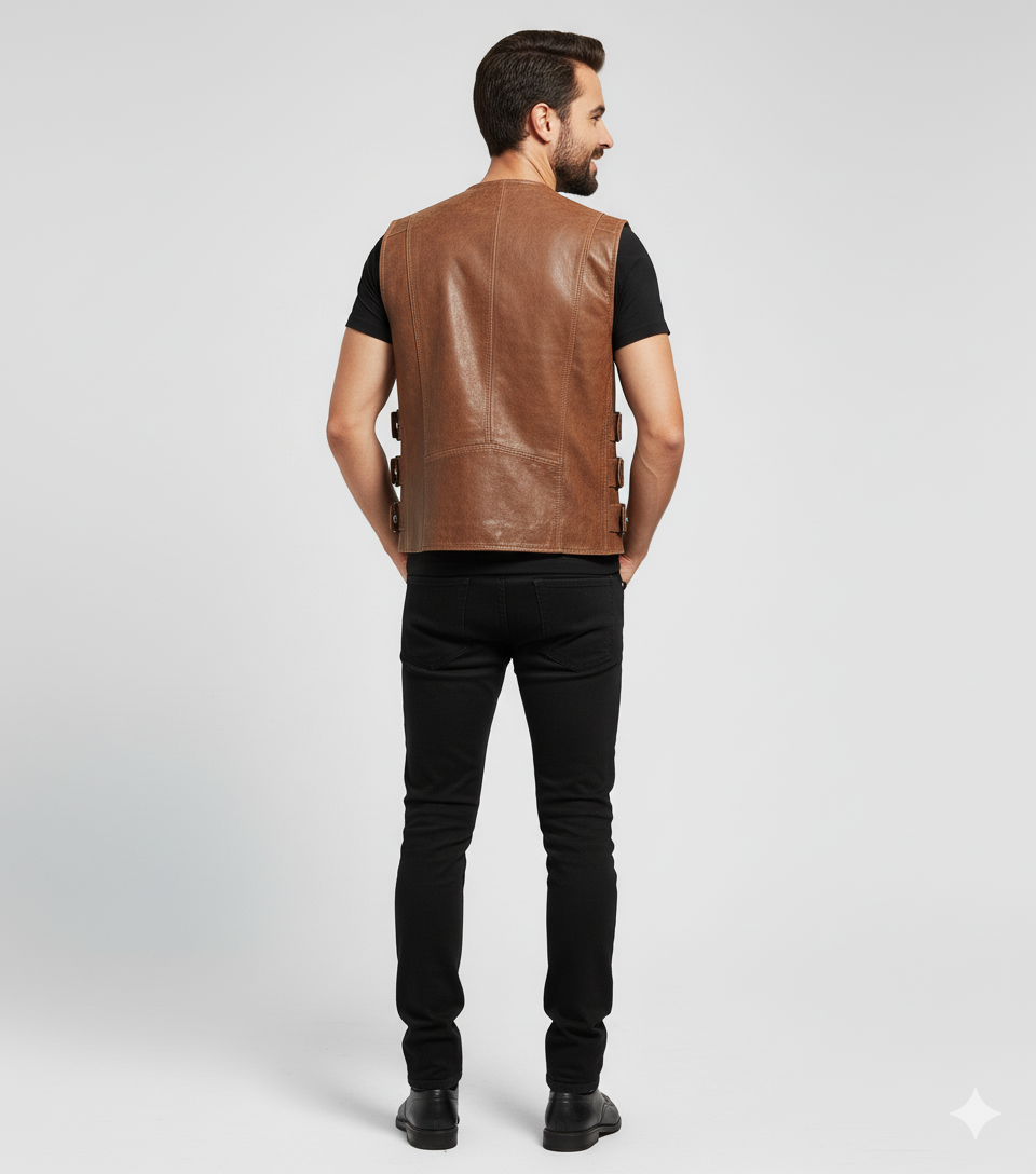 Classic B-3 bomber style vest in dark brown leather, featuring contrast stitching and four functional zippered pockets.