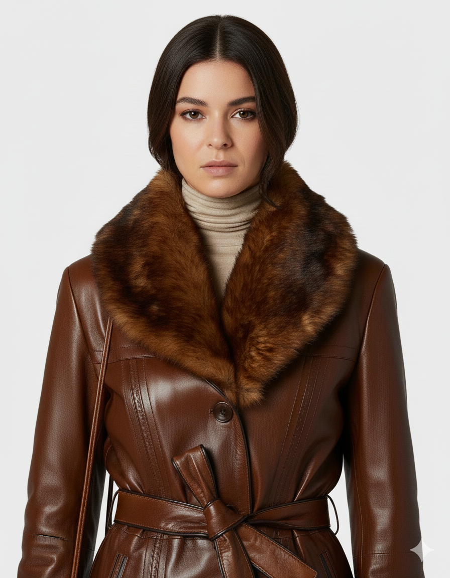 Women's rich brown leather coat with a large plush fur collar and belted waist.