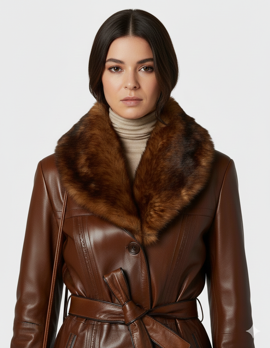 Women's rich brown leather coat with a large plush fur collar and belted waist.
