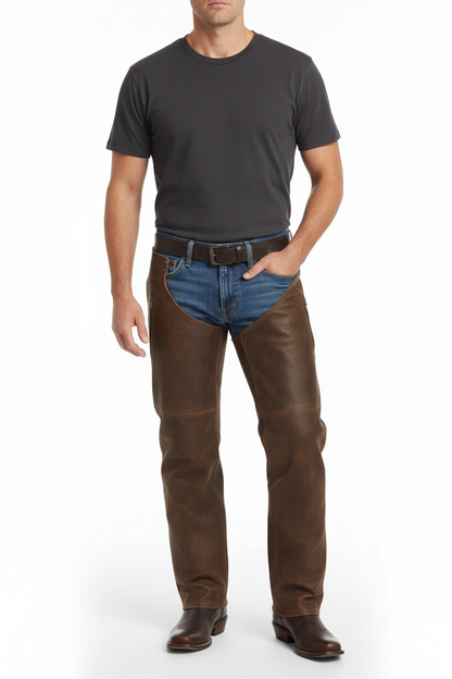 Men's cedar brown suede western chaps with a side utility pocket, silver studs, and long side fringe.