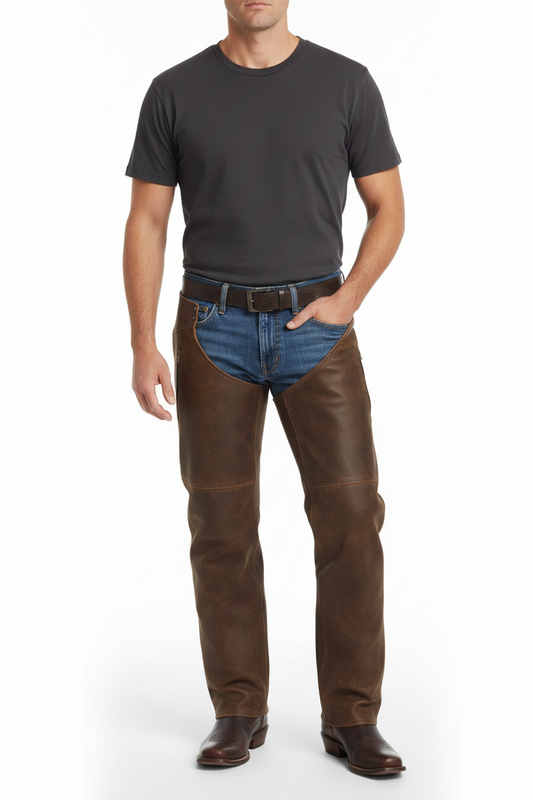 Men's cedar brown suede western chaps with a side utility pocket, silver studs, and long side fringe.