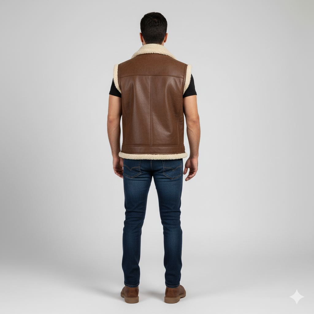 Brown leather bomber vest with visible shearling trim, modeled for fit and style.