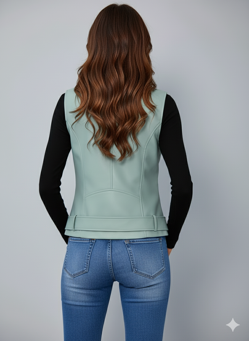 Sleeveless mint green jacket-style vest with silver hardware and a classic motorcycle design.