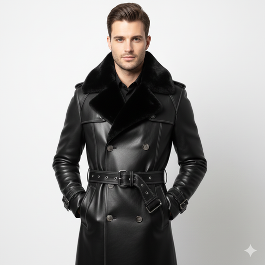 Double-breasted black leather winter overcoat for men featuring a belted waist and oversized fur lapels.