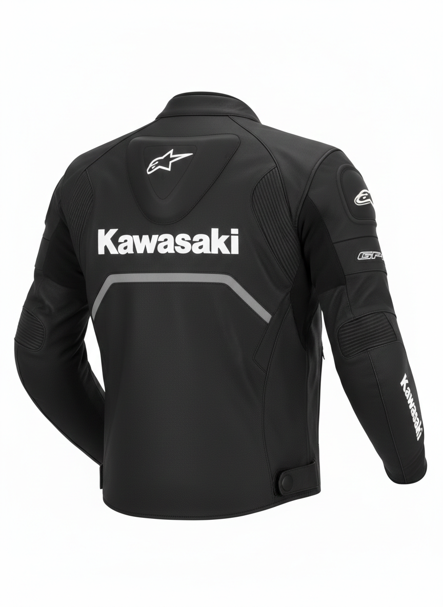 Rear view of a black Kawasaki racing jacket showing the Alpinestars logo, aerodynamic hump, and accordion stretch panels.