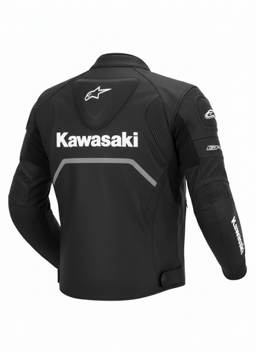 Rear view of a black Kawasaki racing jacket showing the Alpinestars logo, aerodynamic hump, and accordion stretch panels.