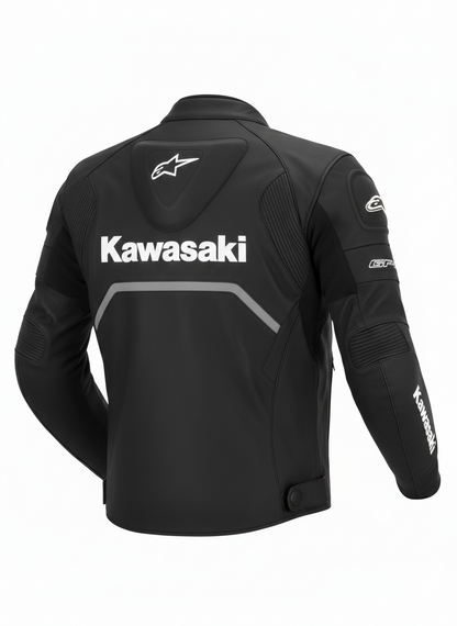 Rear view of a black Kawasaki racing jacket showing the Alpinestars logo, aerodynamic hump, and accordion stretch panels.