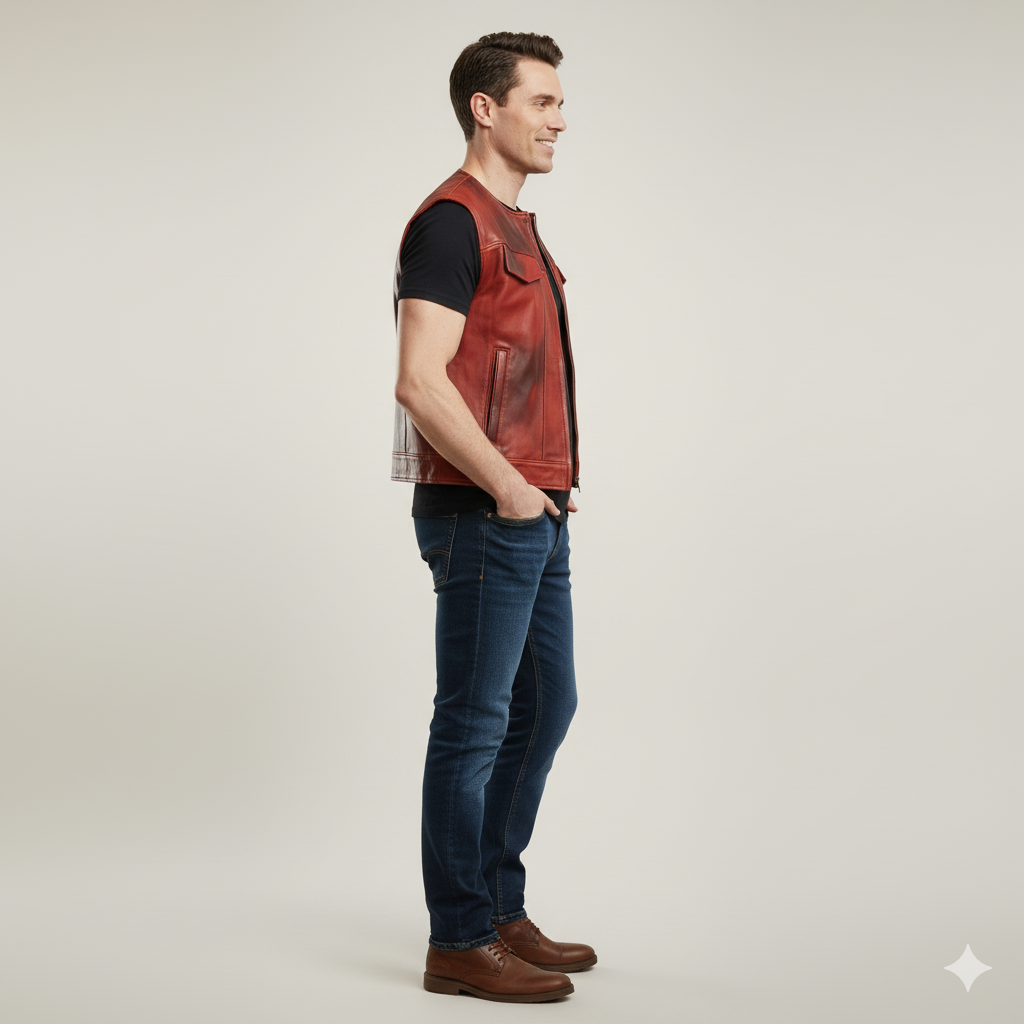 Sleeveless red leather vest in the classic Perfecto jacket style, featuring zippered pockets and shoulder epaulets.