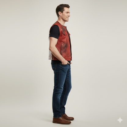 Sleeveless red leather vest in the classic Perfecto jacket style, featuring zippered pockets and shoulder epaulets.