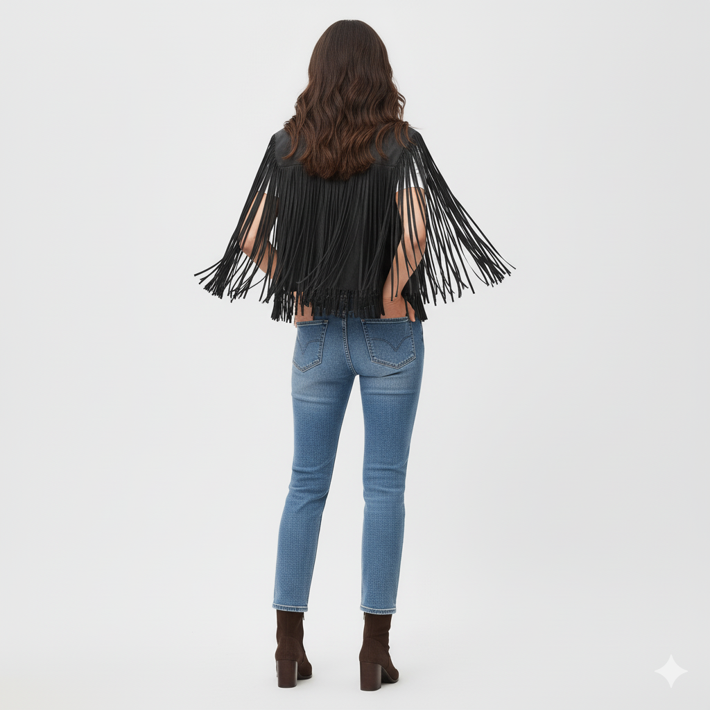 "Black fringe cape vest paired with jeans and brown suede ankle boots for a stylish casual look.