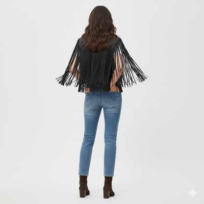 "Black fringe cape vest paired with jeans and brown suede ankle boots for a stylish casual look.