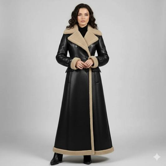Women's full-length black leather trench coat with high-contrast cream shearling fur trim.