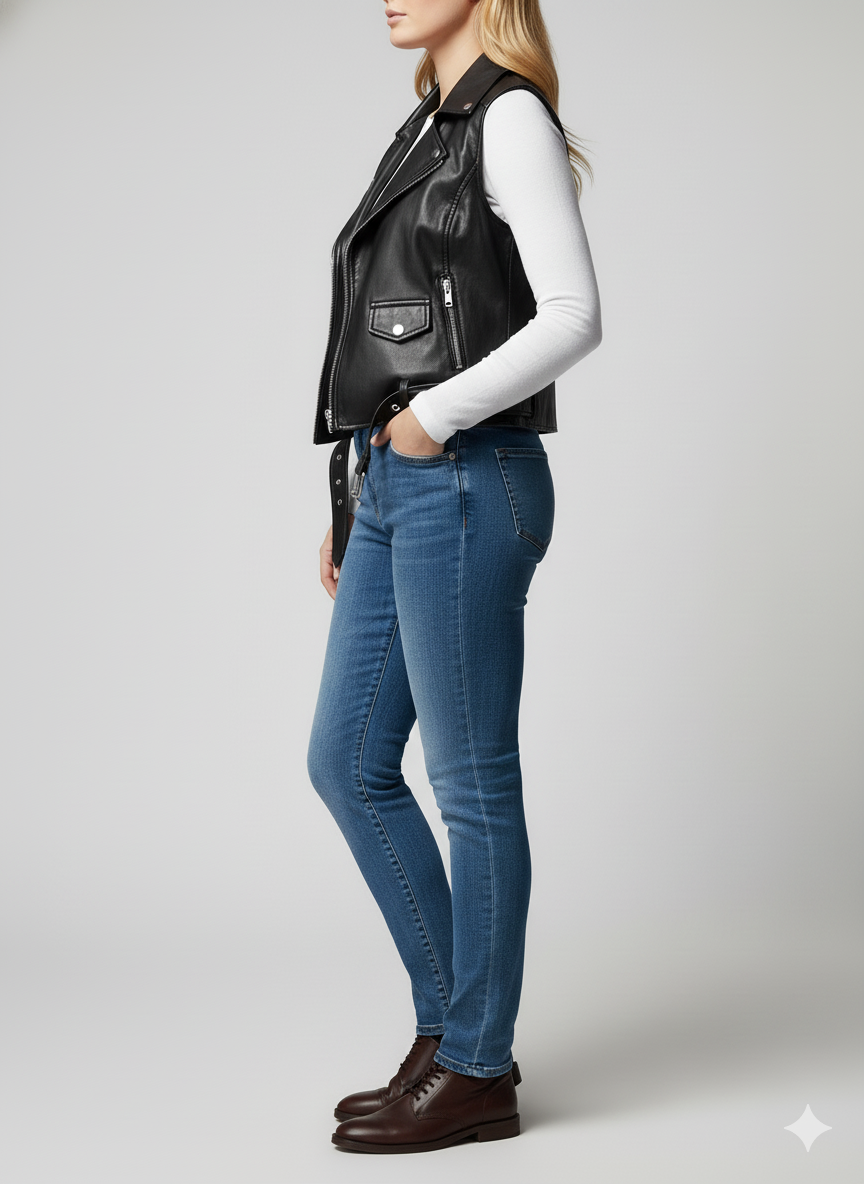 Women's black leather biker vest with asymmetrical zip, lapel collar, and an adjustable belt at the hem.