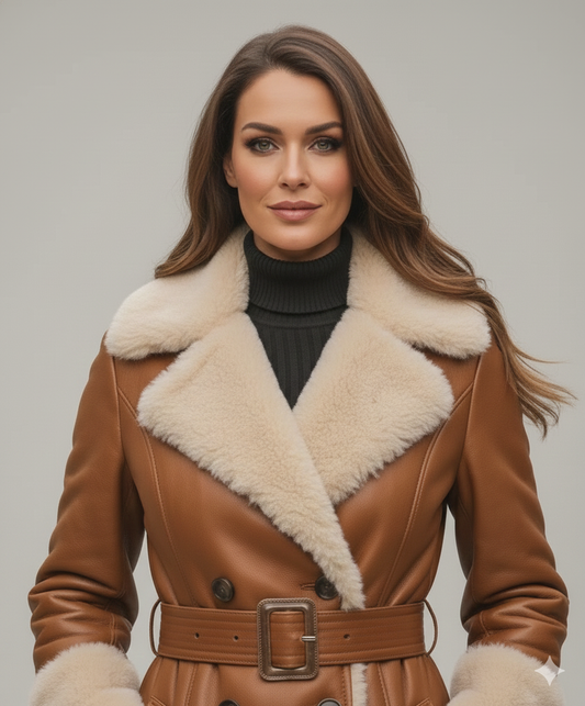 Double-breasted tan leather-look winter coat for women featuring a buckled waist belt and plush fur trim.