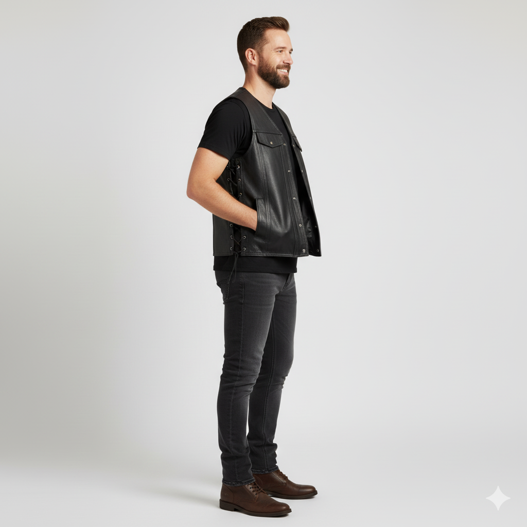 Traditional black leather motorcycle vest with two flap chest pockets and lacing detail for adjusting size.