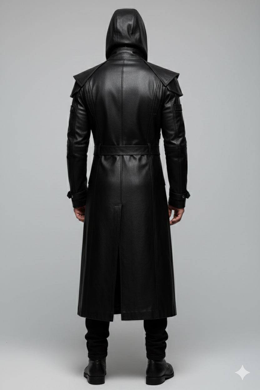 Close-up of the metallic chest buckles and architectural shoulder guards on a premium men's tactical leather trench.